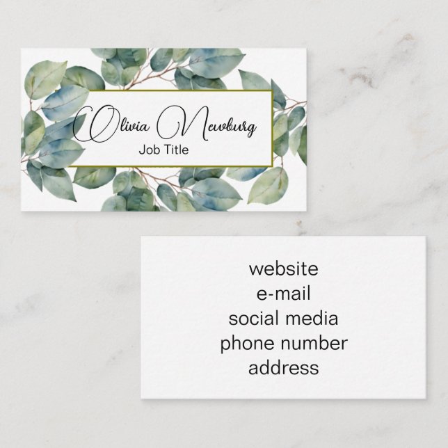 Tarjeta De Visita Hermosa caligrafía botánica verde azulada verde su (Anverso / Reverso)