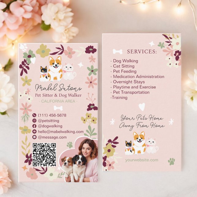 Tarjeta De Visita Hermosa floral lindo mascota elegante escalador de (Whimsical floral cute classy pet sitter dog walker business card)