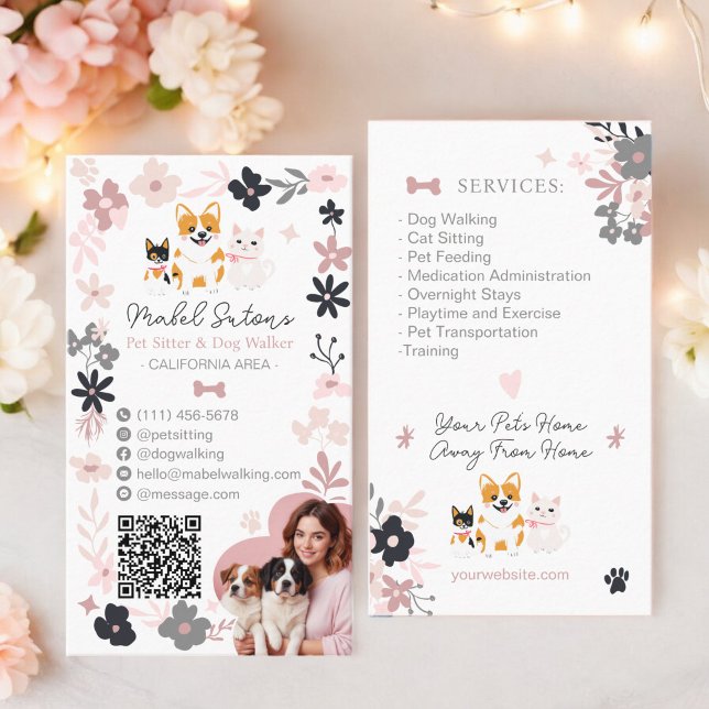 Tarjeta De Visita Hermosa floral lindo mascota rosado estofado pasea (Whimsical floral cute pink pet sitter dog walker business card)