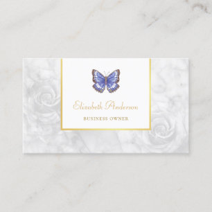 Tarjeta De Visita Hermosa mariposa azul Elegante Rosa Mármol Blanco