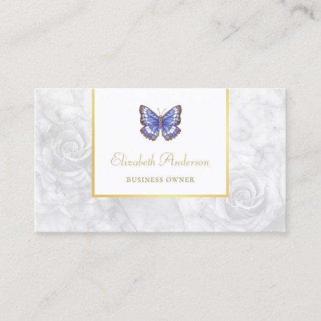 Tarjeta De Visita Hermosa mariposa azul Elegante Rosa Mármol Blanco (Anverso)