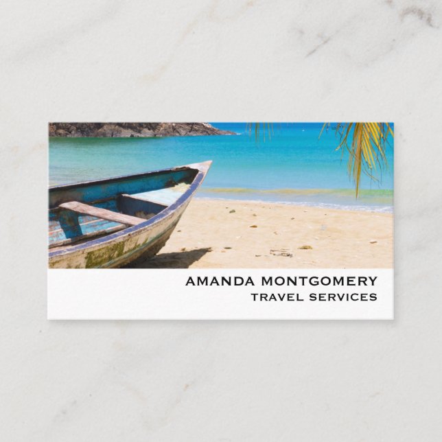 Tarjeta De Visita Hermosa playa tropical con lancha (Anverso)