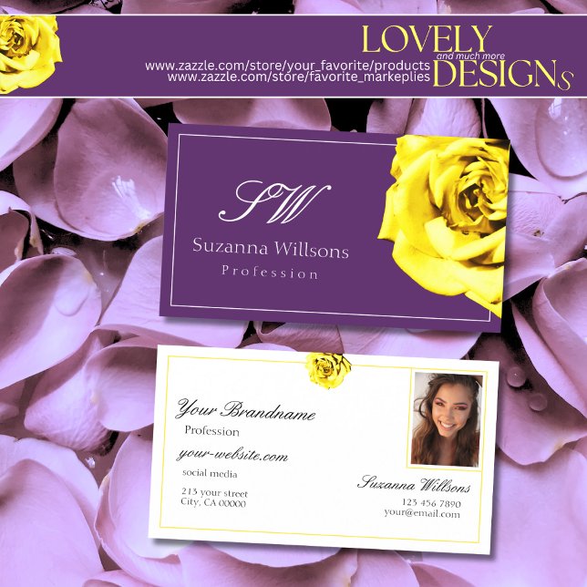 Tarjeta De Visita Hermosa rosa amarilla en foto de Purple Initials (Subido por el creador)