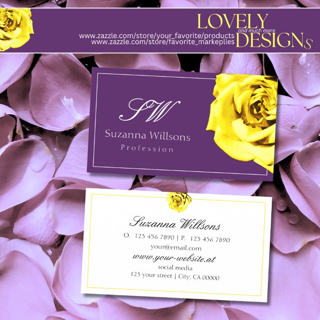 Tarjeta De Visita Hermosa rosa amarilla en morado con Moda inicial (Subido por el creador)