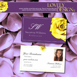 Tarjeta De Visita Hermosa Rosa Amarilla sobre Iniciales Purpura Foto