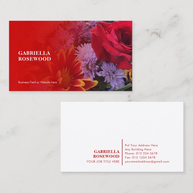 Tarjeta De Visita Hermosas Flores Con Rojo Degradante (Anverso / Reverso)