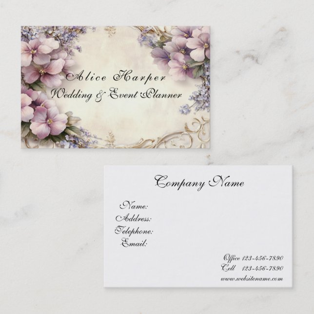 Tarjeta De Visita Hermosas flores de lavanda rosa filigrí dorada (Anverso / Reverso)