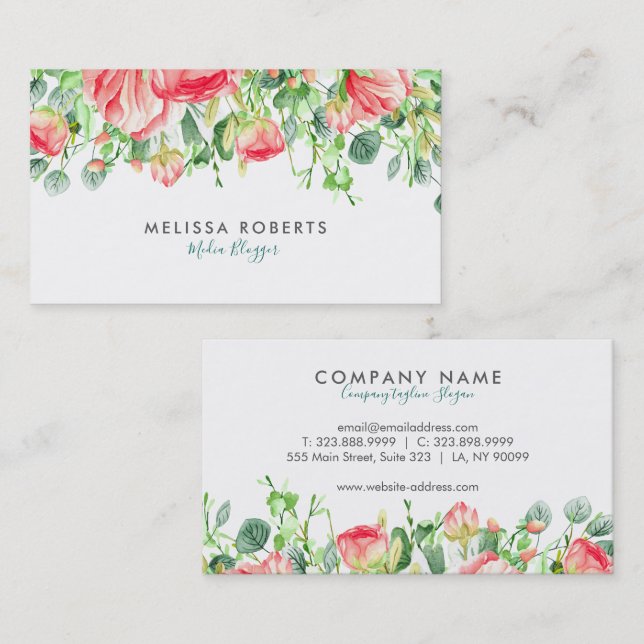 Tarjeta De Visita Hermosas flores rosadas con hojas (Anverso / Reverso)