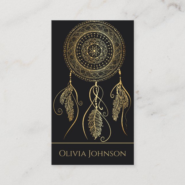 Tarjeta De Visita Hermoso Black Gold Dream Catcher Mandala (Anverso)