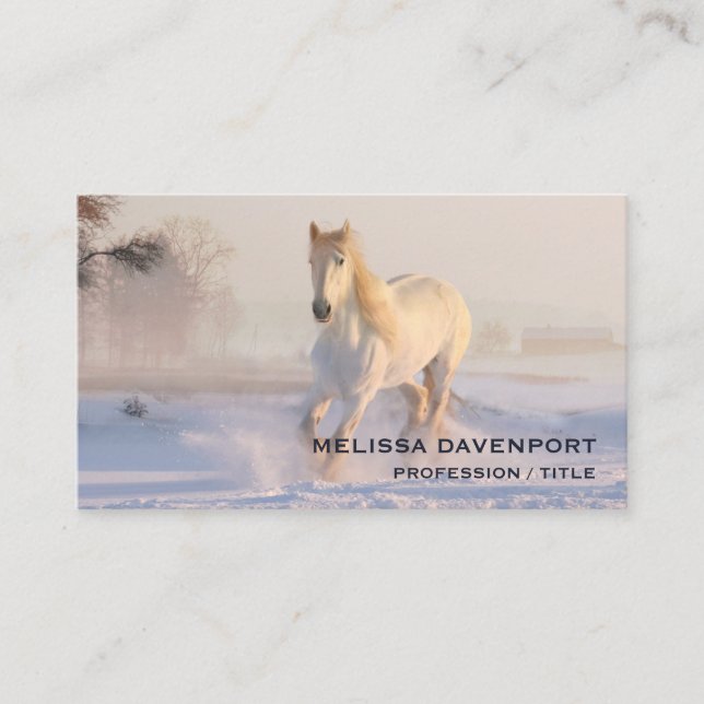 Tarjeta De Visita Hermoso caballo blanco corriendo en la nieve (Anverso)