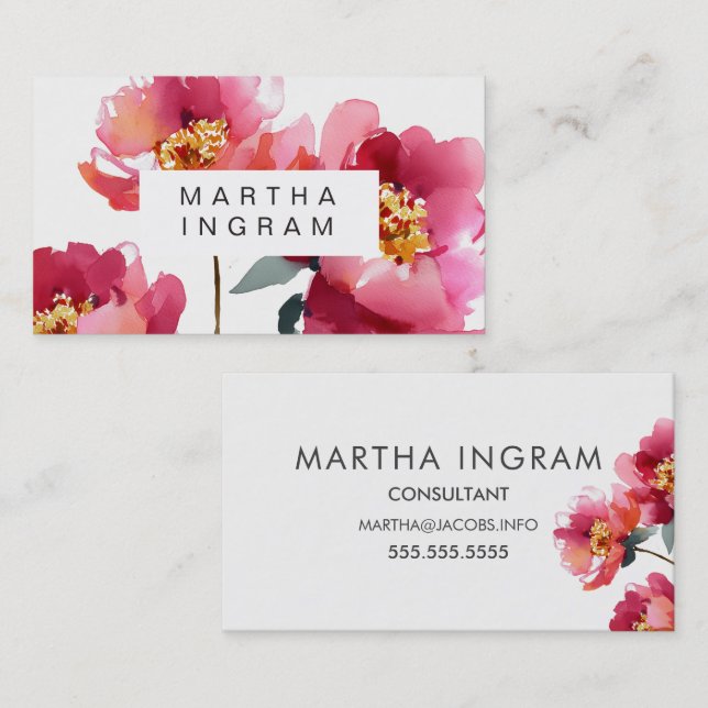 Tarjeta De Visita Hermoso diseño de flores de peonía acuarela (Anverso / Reverso)