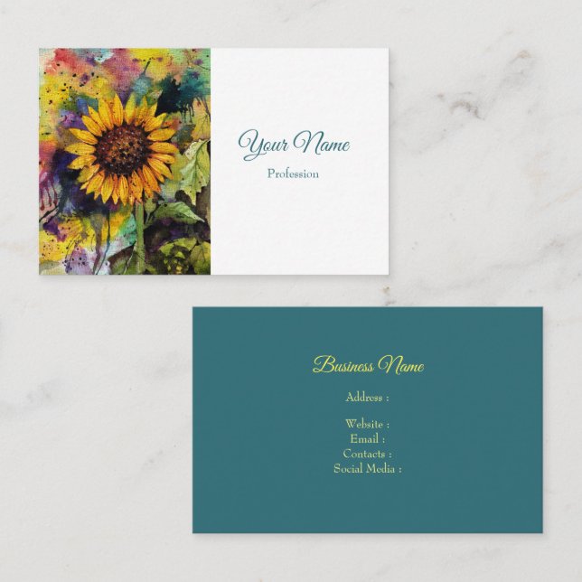 Tarjeta De Visita Hermoso Girasol En Acuarela (Anverso / Reverso)