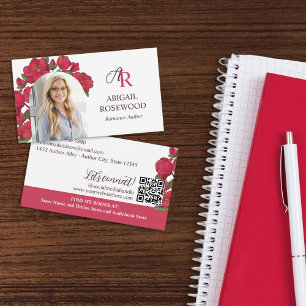 Tarjeta De Visita Hermoso Monograma Rojo Floral Romance Autor