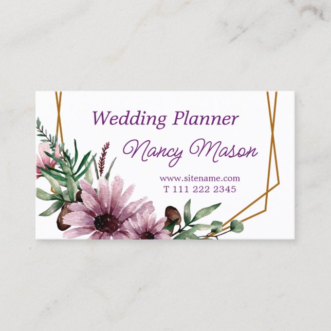 Tarjeta De Visita Hermoso planificador de bodas con flores violetas (Anverso)