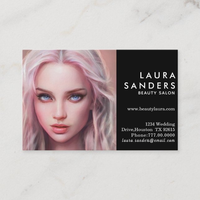 Tarjeta De Visita Hermoso Salón De Belleza Chica De Pelo Rosa Elegan (Anverso)