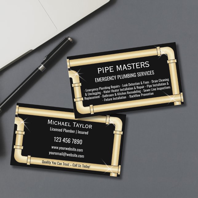 Tarjeta De Visita Herramientas de acoplamiento de tuberías de acopla (plumbing pipes in gold color on the black background business cards)