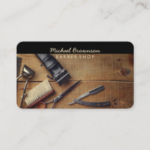 Tarjeta De Visita Herramientas de Barbero Madera Rústica
