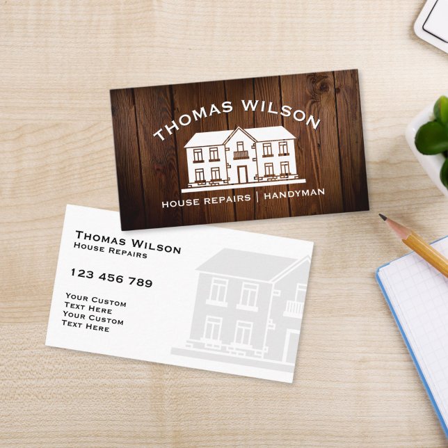 Tarjeta De Visita Herramientas de carpintería de mano de construcció (RUSTIC HOUSE ON THE WOOD TEXTURE BACKGROUND HOME REPAIR BUSINESS CARD)