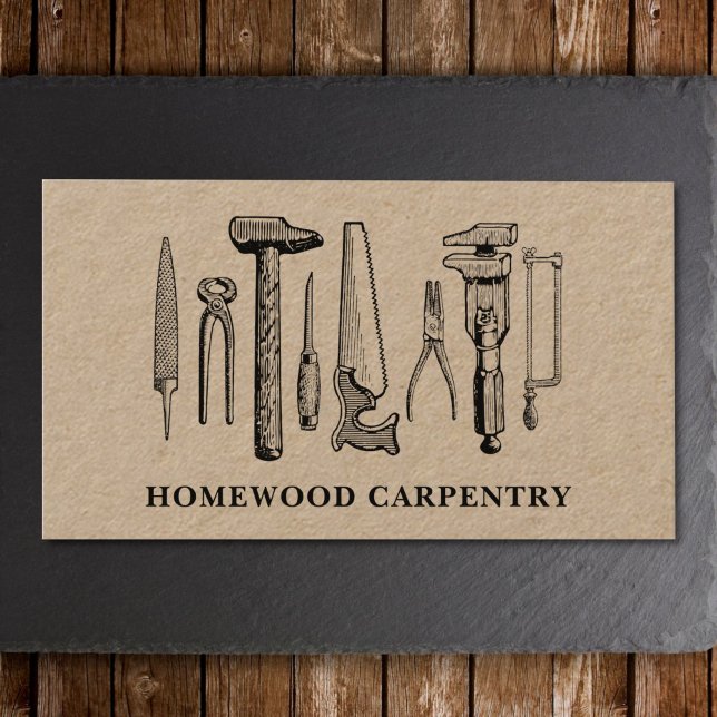 Tarjeta De Visita Herramientas de carpintería del carpintero Kraft d (Rustic carpentry business card with natural materials in the background)