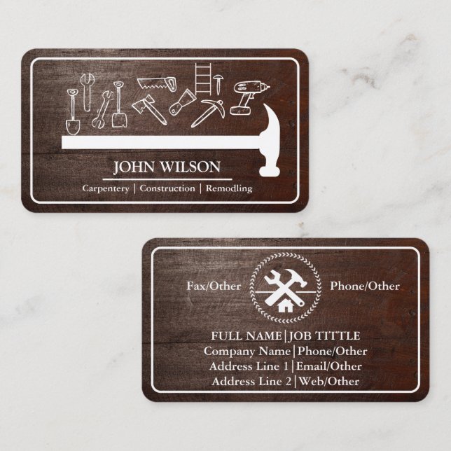 Tarjeta De Visita Herramientas de Carpintería para Constructor Profe (Anverso / Reverso)