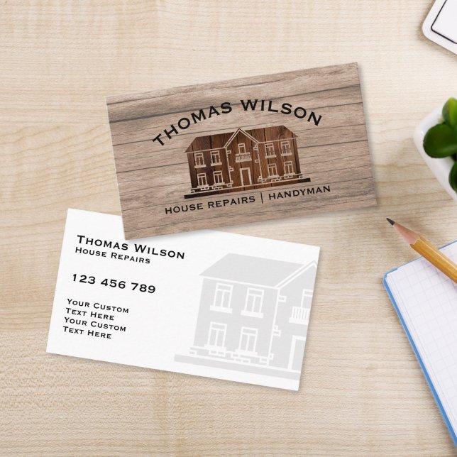 Tarjeta De Visita Herramientas de carpintero de mano para construcci (RUSTIC HOUSE ON THE WOOD TEXTURE BACKGROUND HOME REPAIR BUSINESS CARD)