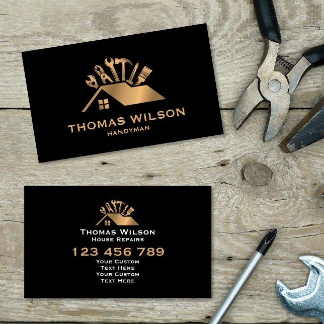 Tarjeta De Visita Herramientas de carpintero para el dispositivo de  (handyman logo, gold house roof with tools)