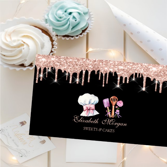 Tarjeta De Visita Herramientas de Chef Flores Rosa Oro Drips Panader (Subido por el creador)