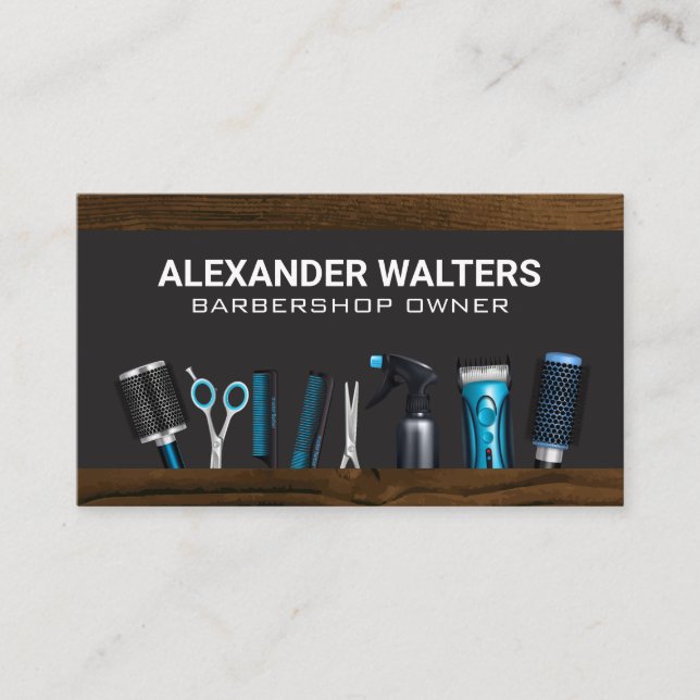 Tarjeta De Visita Herramientas de estilo de Barber Shop | Madera (Anverso)
