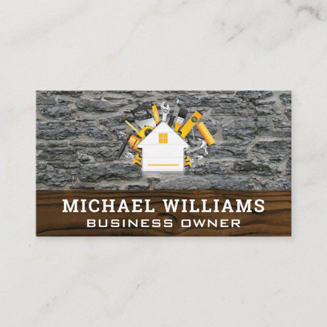 Tarjeta De Visita Herramientas de inicio | Fondo de roca maderera (Anverso)