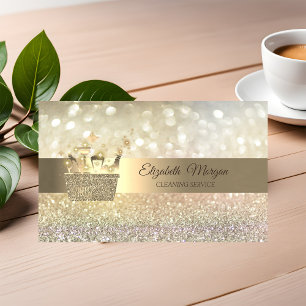 Tarjeta De Visita Herramientas de limpieza con brillo dorado y bokeh