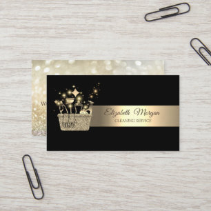 Tarjeta De Visita Herramientas de limpieza elegantes con bokeh dorad