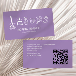 Tarjeta De Visita Herramientas de limpieza lindas moradas Código QR 