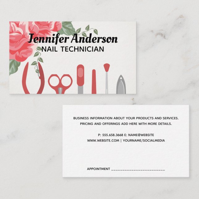 Tarjeta De Visita Herramientas de manicura de uñas | Flores (Anverso / Reverso)