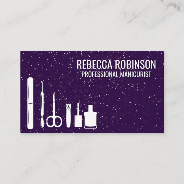 Tarjeta De Visita Herramientas de manicura | Purpurina morado (Anverso)