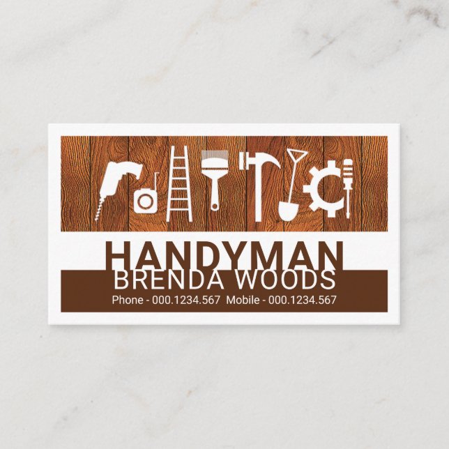 Tarjeta De Visita Herramientas de Mano de Obra en Panel de Madera (Anverso)