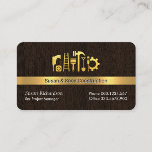 Tarjeta De Visita Herramientas De Mano De Oro En La Capa De Madera