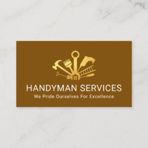 Tarjeta De Visita Herramientas de Mano de Oro sobre Capa Marrón