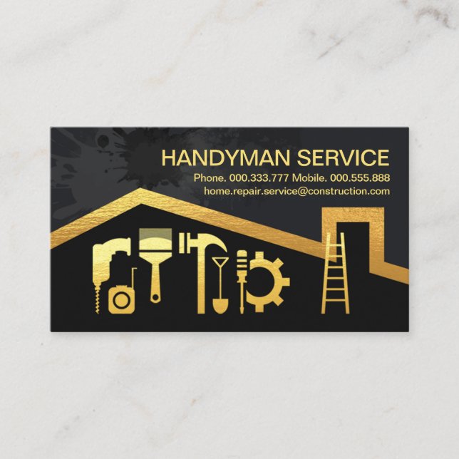 Tarjeta De Visita Herramientas de mano de techo de oro Paint Splatt (Anverso)