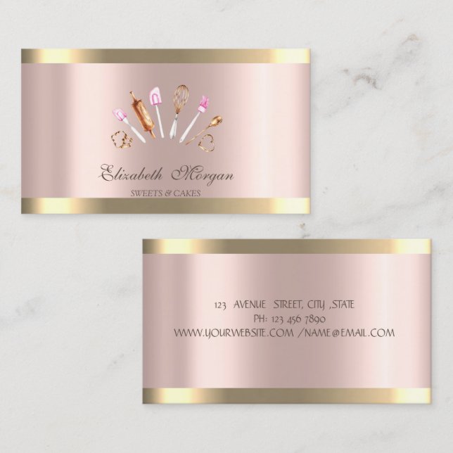 Tarjeta De Visita Herramientas de panadería Chic Cupcake Gold Stripe (Anverso / Reverso)