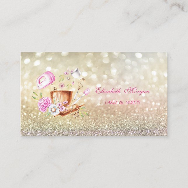 Tarjeta De Visita Herramientas de panadería con flores bokeh elegant (Anverso)