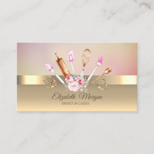 Tarjeta De Visita Herramientas de panadería florales doradas elegant