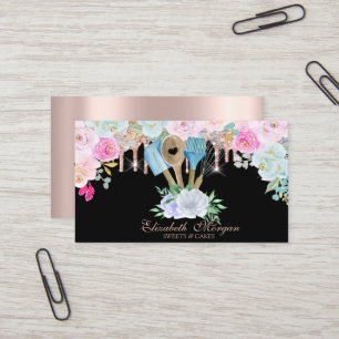 Tarjeta De Visita Herramientas de panadería Flores Gotear Rosa Dorad