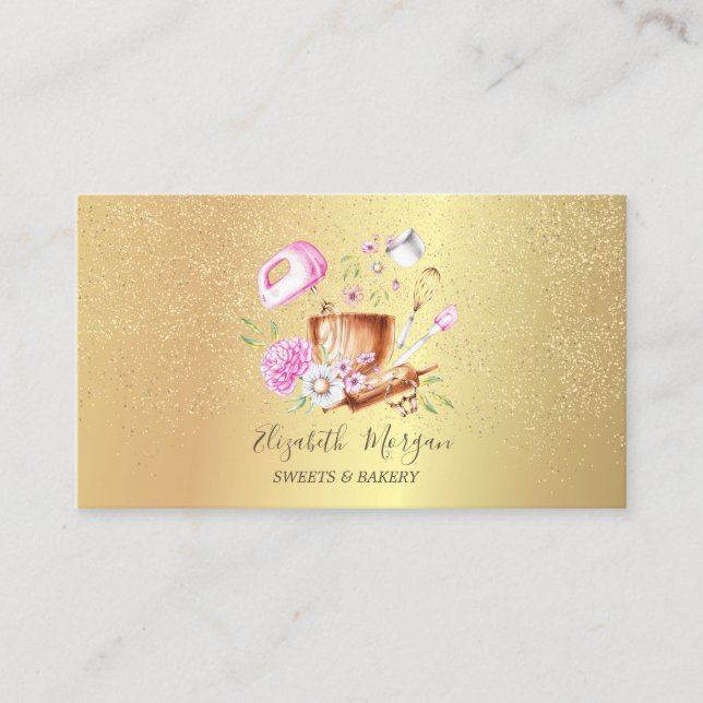 Tarjeta De Visita Herramientas de panadería Flores Rosa Dorado Confe (Anverso)