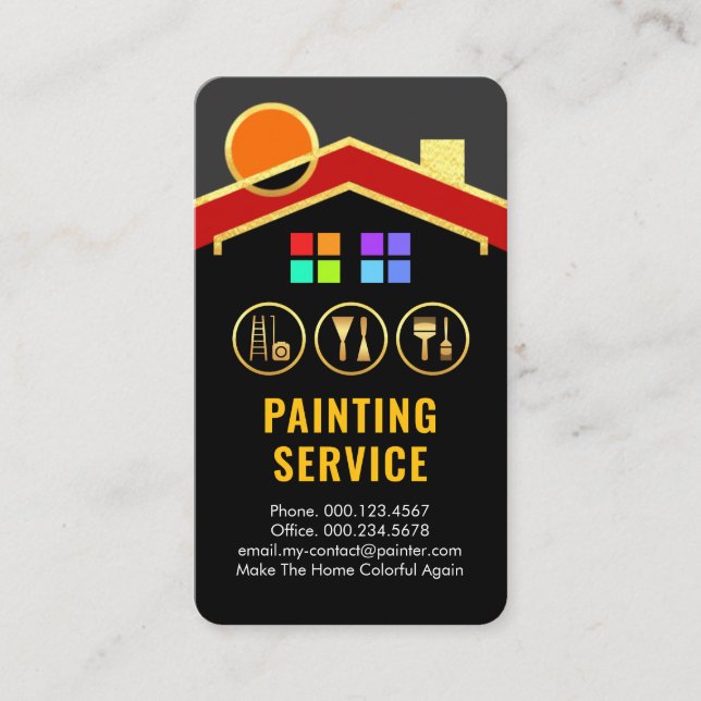 Tarjeta De Visita Herramientas de Pintura Edificio Sol Techo Dorado (Anverso)