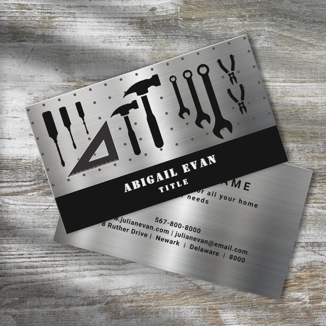 Tarjeta De Visita Herramientas de reparación de plata brillante prof (Professional Shiny Silver Repair Tools Handyman Business Card )