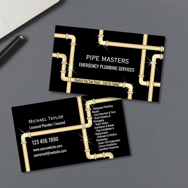 Tarjeta De Visita Herramientas modernas de tubería de plomo profesio (plumbing pipes in gold color on the black background business cards)