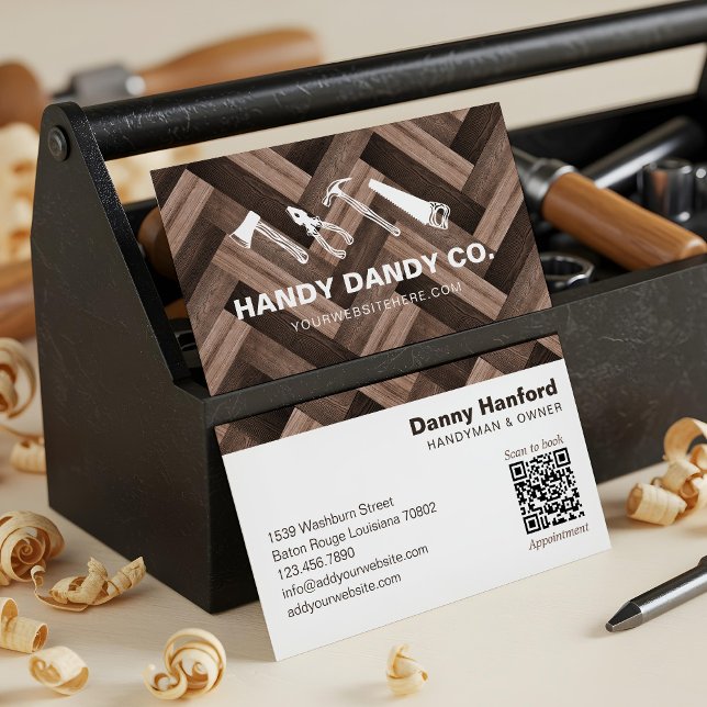 Tarjeta De Visita Herringbone Woodgrain Handyman Tools Contractor (Herringbone Woodgrain Handyman Tools Contractor Business Card)