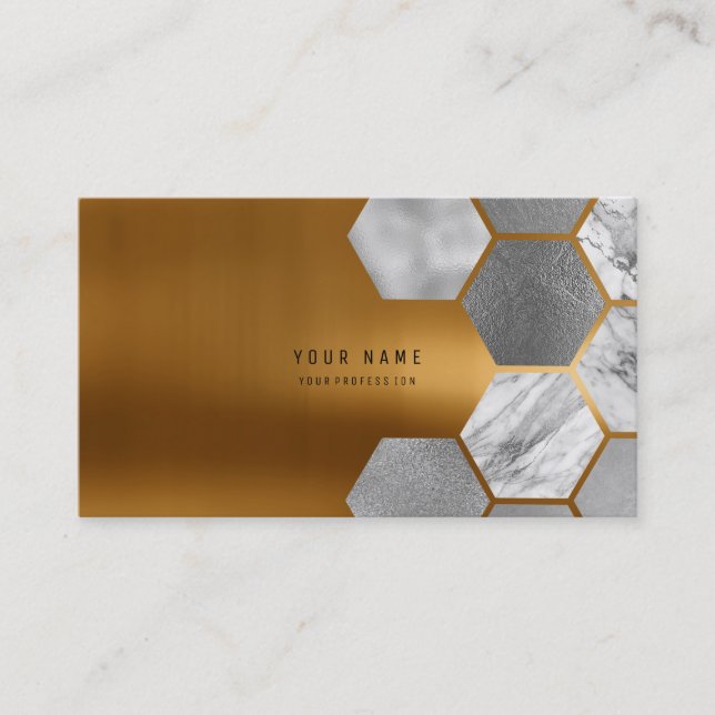 Tarjeta De Visita Hexagone Gold Metallic Steel Marble White Gray (Anverso)