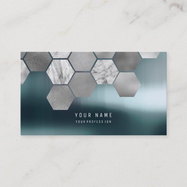 Tarjeta De Visita Hexagone Verde azulado Metallic Steel Marble Silve (Anverso)