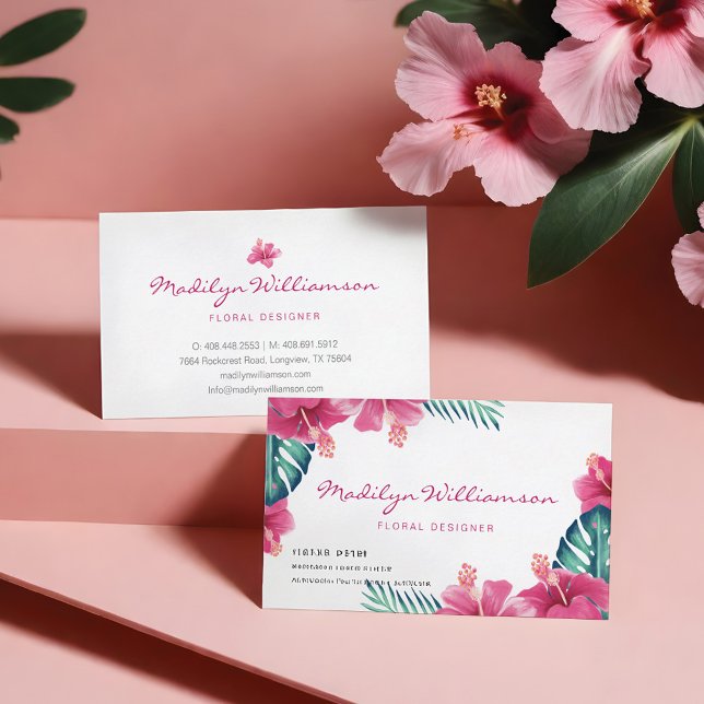 Tarjeta De Visita Hibiscus Tópico Pink Floral & Foliage acuarela (Topical Pink Hibiscus Floral & Foliage Watercolor Business Card)